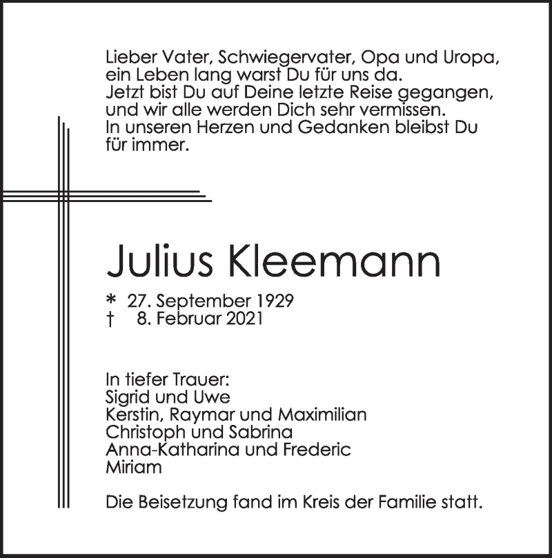  Traueranzeige für Julius Kleemann vom 13.03.2021 aus SÜDWEST PRESSE Ausgabe Ulm/Neu-Ulm
