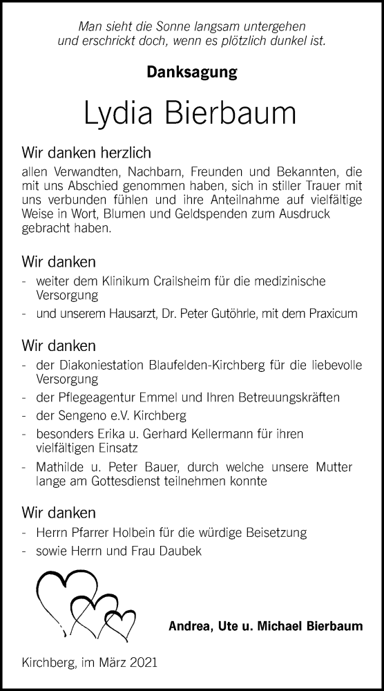  Traueranzeige für Lydia Bierbaum vom 13.03.2021 aus Hohenloher Tagblatt