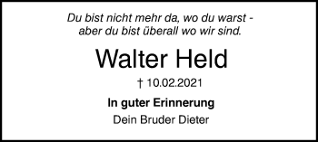 Traueranzeige von Walter Held von SÜDWEST PRESSE Ausgabe Ulm/Neu-Ulm