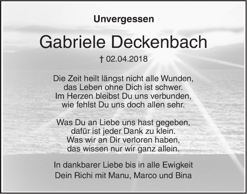  Traueranzeige für Gabriele Deckenbach vom 03.04.2021 aus SÜDWEST PRESSE Ausgabe Ulm/Neu-Ulm