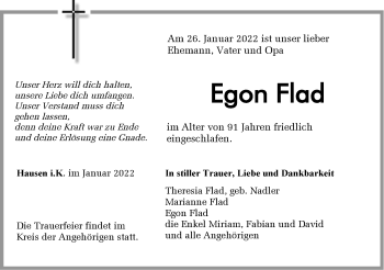 Traueranzeige von Egon Flad von Metzinger-Uracher Volksblatt