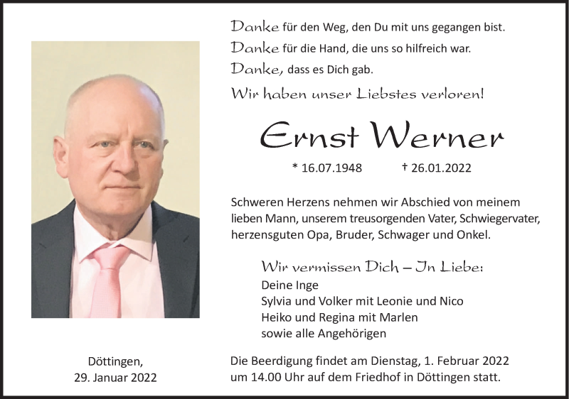  Traueranzeige für Ernst Werner vom 29.01.2022 aus Haller Tagblatt