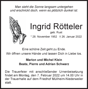 Traueranzeige von Ingrid Rötteler von NWZ Neue Württembergische Zeitung