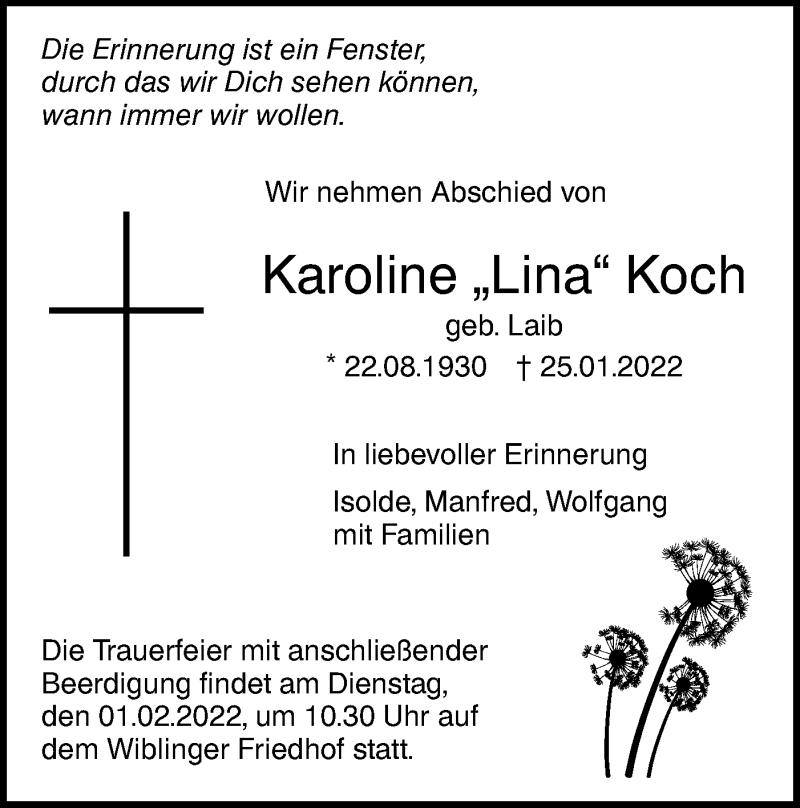  Traueranzeige für Karoline Koch vom 29.01.2022 aus SÜDWEST PRESSE Ausgabe Ulm/Neu-Ulm