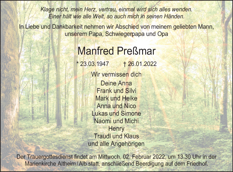  Traueranzeige für Manfred Preßmar vom 29.01.2022 aus SÜDWEST PRESSE Ausgabe Ulm/Neu-Ulm