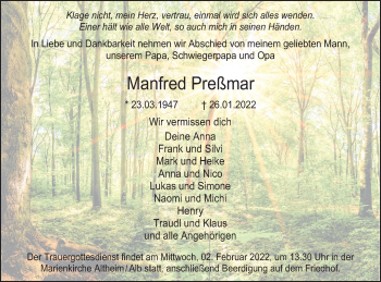 Traueranzeige von Manfred Preßmar von SÜDWEST PRESSE Ausgabe Ulm/Neu-Ulm
