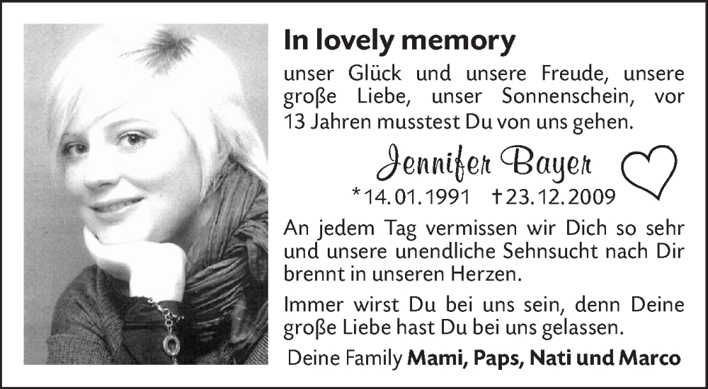  Traueranzeige für Jennifer Bayer vom 23.12.2022 aus Alb-Bote/Metzinger-Uracher Volksblatt