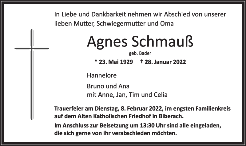  Traueranzeige für Agnes Schmauß vom 05.02.2022 aus SÜDWEST PRESSE Ausgabe Ulm/Neu-Ulm