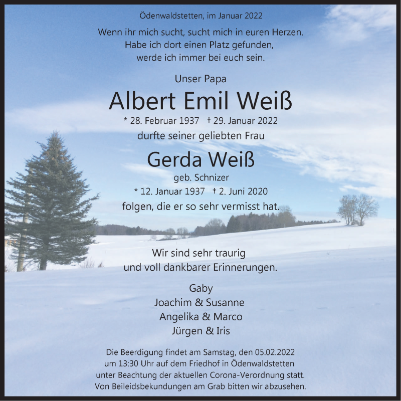  Traueranzeige für Albert Emil Weiß vom 02.02.2022 aus Alb-Bote/Metzinger-Uracher Volksblatt
