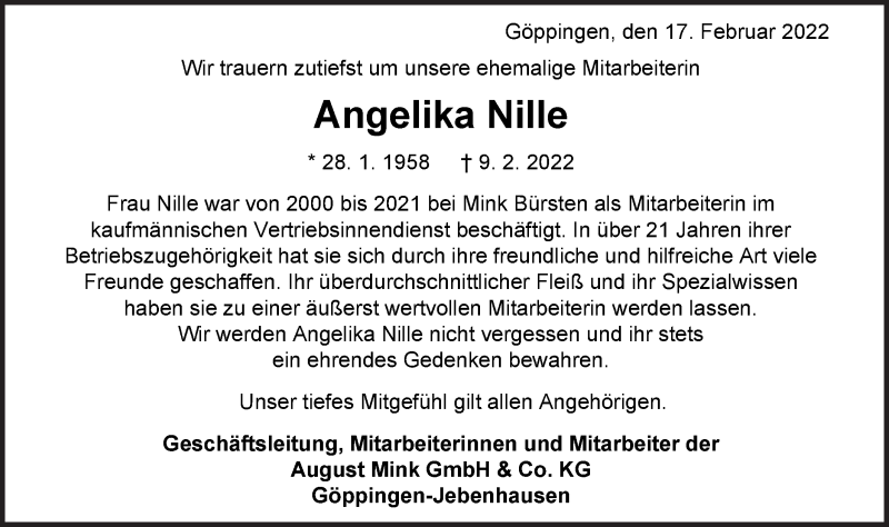  Traueranzeige für Angelika Nille vom 17.02.2022 aus NWZ Neue Württembergische Zeitung