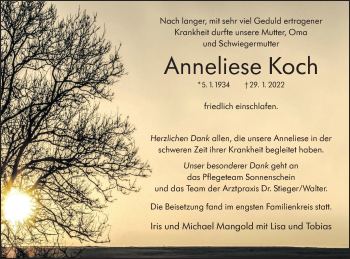 Traueranzeige von Anneliese Koch von Hohenloher Tagblatt