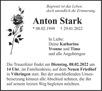 Traueranzeige von Anton Stark von SÜDWEST PRESSE Ausgabe Ulm/Neu-Ulm