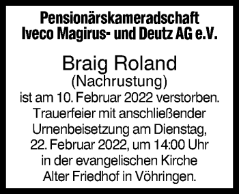 Traueranzeige von Braig Roland von SÜDWEST PRESSE Ausgabe Ulm/Neu-Ulm
