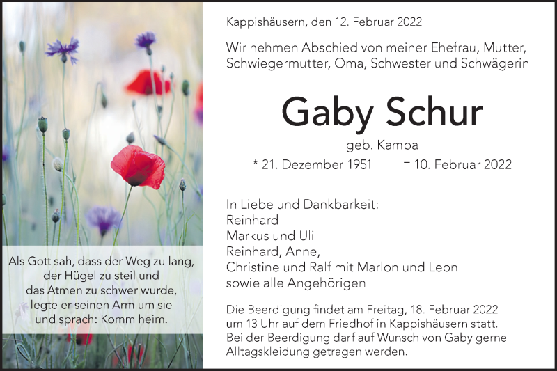  Traueranzeige für Gaby Schur vom 12.02.2022 aus Metzinger-Uracher Volksblatt