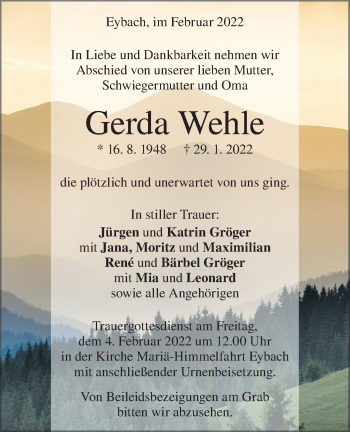 Traueranzeige von Gerda Wehle von SÜDWEST PRESSE Ausgabe Ulm/Neu-Ulm