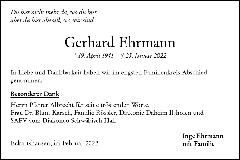  Traueranzeige für Gerhard Ehrmann vom 08.02.2022 aus Haller Tagblatt