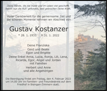 Traueranzeige von Gustav Kostanzer von Metzinger-Uracher Volksblatt