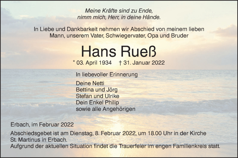  Traueranzeige für Hans Rueß vom 05.02.2022 aus SÜDWEST PRESSE Ausgabe Ulm/Neu-Ulm