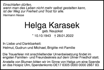 Traueranzeige von Helga Karasek von SÜDWEST PRESSE Ausgabe Ulm/Neu-Ulm