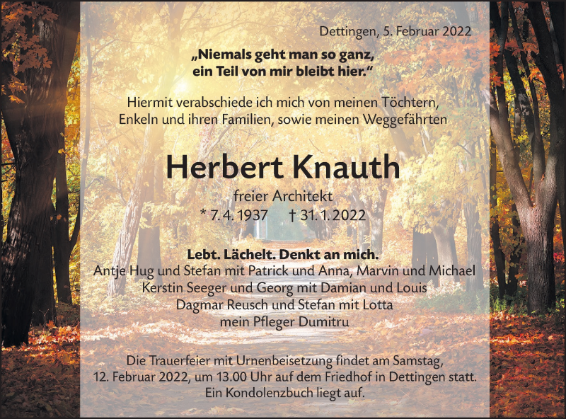  Traueranzeige für Herbert Knauth vom 05.02.2022 aus Metzinger-Uracher Volksblatt