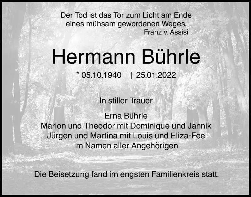  Traueranzeige für Hermann Bührle vom 12.02.2022 aus SÜDWEST PRESSE Ausgabe Ulm/Neu-Ulm