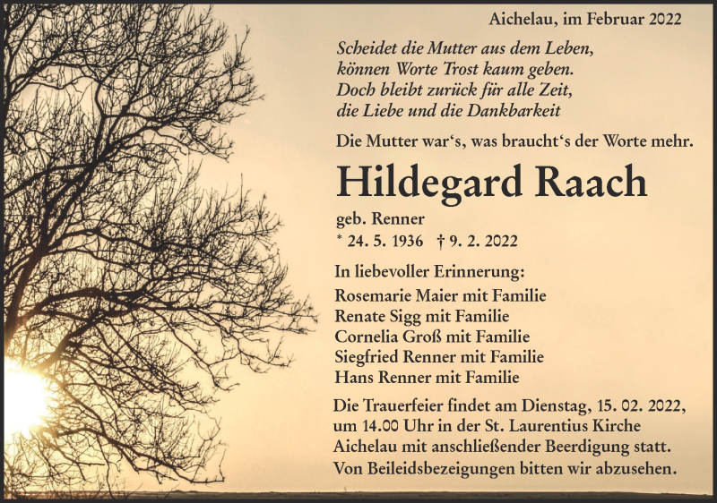  Traueranzeige für Hildegard Raach vom 14.02.2022 aus Alb-Bote/Metzinger-Uracher Volksblatt