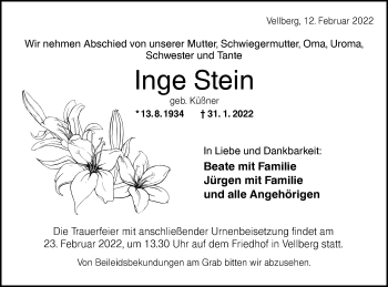 Traueranzeige von Inge Stein von Haller Tagblatt