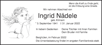 Traueranzeige von Ingrid Nädele von SÜDWEST PRESSE Ausgabe Ulm/Neu-Ulm
