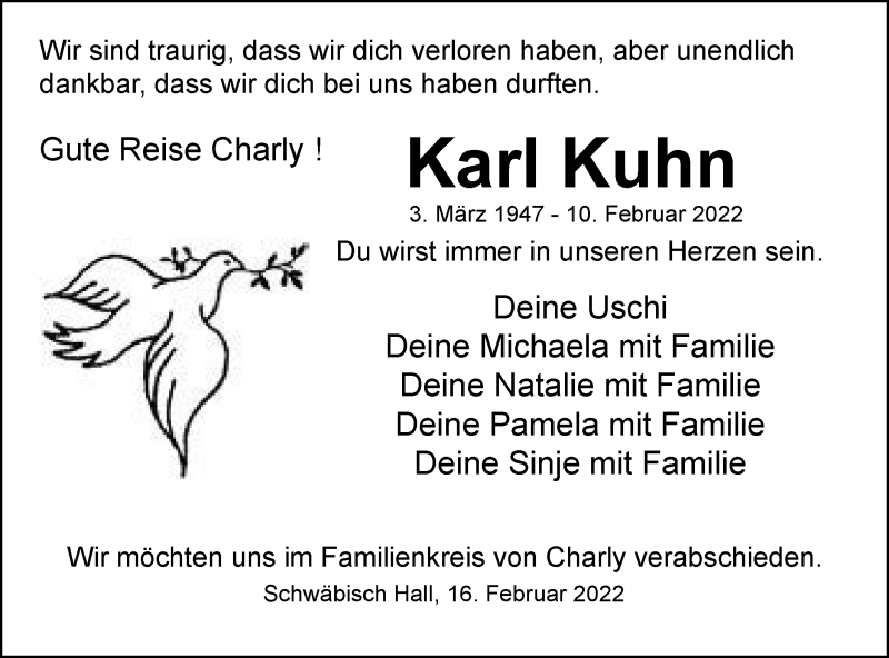  Traueranzeige für Karl Kuhn vom 16.02.2022 aus Haller Tagblatt