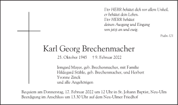 Traueranzeige von Karl Georg Brechenmacher von SÜDWEST PRESSE Ausgabe Ulm/Neu-Ulm