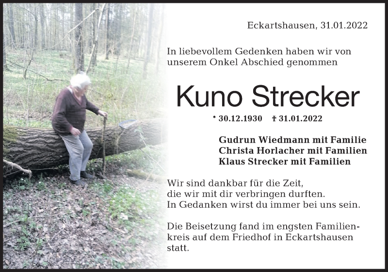  Traueranzeige für Kuno Strecker vom 05.02.2022 aus Haller Tagblatt