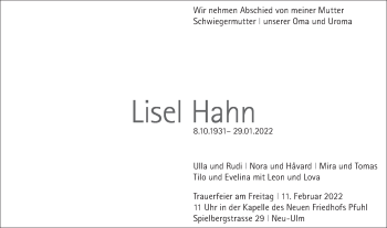 Traueranzeige von Lisel Hahn von SÜDWEST PRESSE Ausgabe Ulm/Neu-Ulm