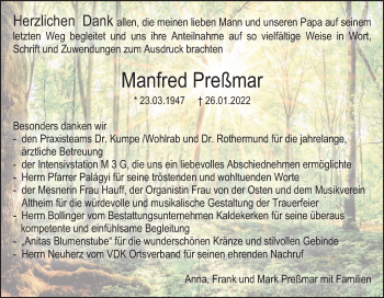 Traueranzeige von Manfred Preßmar von SÜDWEST PRESSE Ausgabe Ulm/Neu-Ulm