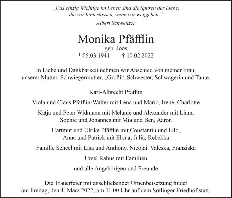  Traueranzeige für Monika Pfäfflin vom 19.02.2022 aus SÜDWEST PRESSE Ausgabe Ulm/Neu-Ulm