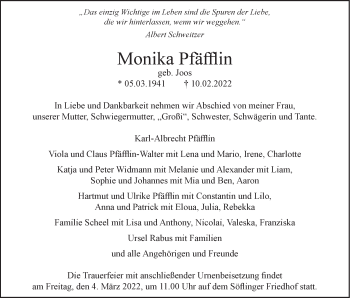 Traueranzeige von Monika Pfäfflin von SÜDWEST PRESSE Ausgabe Ulm/Neu-Ulm