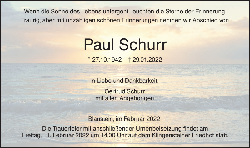  Traueranzeige für Paul Schurr vom 05.02.2022 aus SÜDWEST PRESSE Ausgabe Ulm/Neu-Ulm