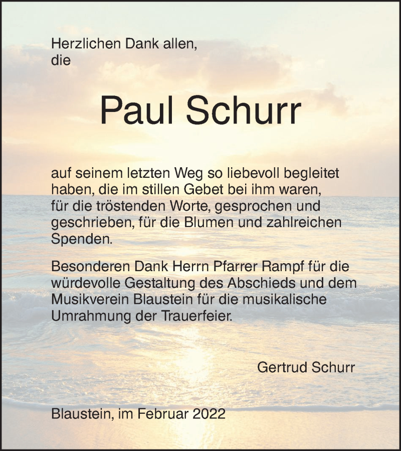  Traueranzeige für Paul Schurr vom 26.02.2022 aus SÜDWEST PRESSE Ausgabe Ulm/Neu-Ulm