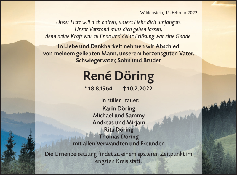  Traueranzeige für Rene Döring vom 15.02.2022 aus Hohenloher Tagblatt