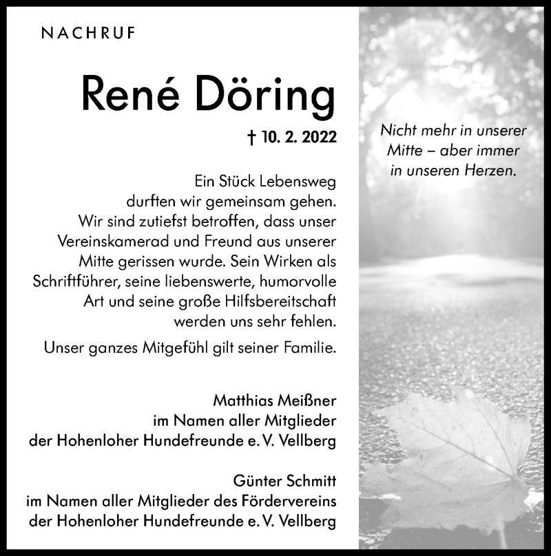 Traueranzeige für Rene Döring vom 18.02.2022 aus Hohenloher Tagblatt