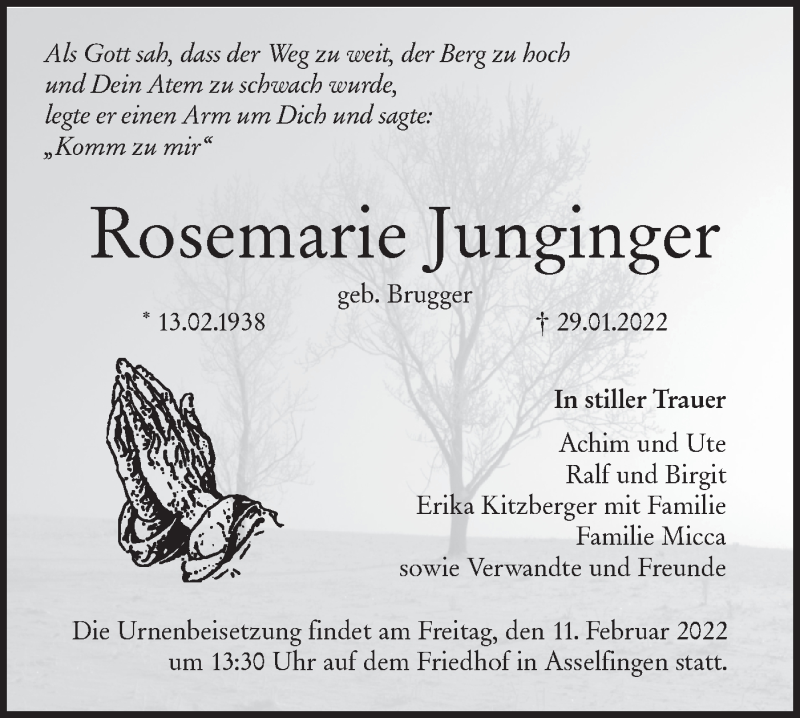  Traueranzeige für Rosemarie Junginger vom 05.02.2022 aus SÜDWEST PRESSE Ausgabe Ulm/Neu-Ulm