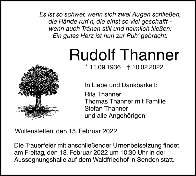  Traueranzeige für Rudolf Thanner vom 15.02.2022 aus SÜDWEST PRESSE Ausgabe Ulm/Neu-Ulm