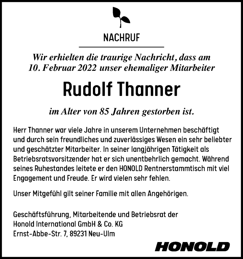  Traueranzeige für Rudolf Thanner vom 19.02.2022 aus SÜDWEST PRESSE Ausgabe Ulm/Neu-Ulm