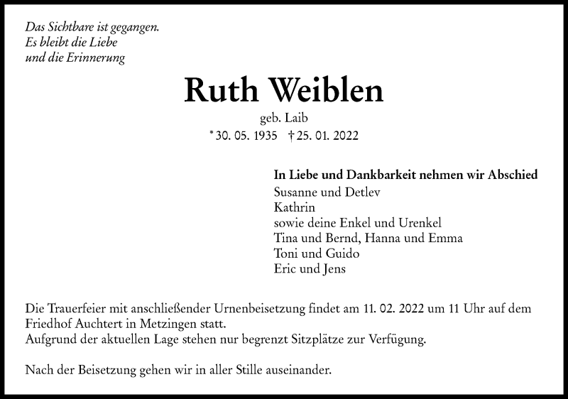  Traueranzeige für Ruth Weiblen vom 02.02.2022 aus Metzinger-Uracher Volksblatt