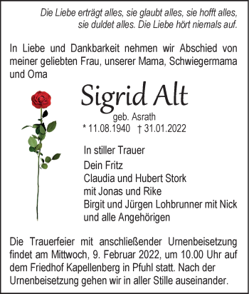 Traueranzeige von Sigrid Alt von SÜDWEST PRESSE Ausgabe Ulm/Neu-Ulm