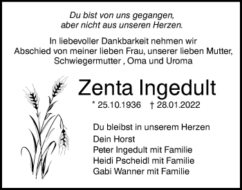 Traueranzeige von Zenta Ingedult von SÜDWEST PRESSE Ausgabe Ulm/Neu-Ulm