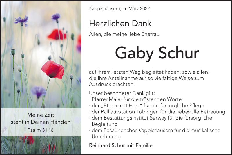  Traueranzeige für Gaby Schur vom 19.03.2022 aus Metzinger-Uracher Volksblatt