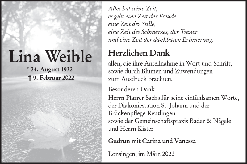  Traueranzeige für Lina Weible vom 18.03.2022 aus Alb-Bote/Metzinger-Uracher Volksblatt