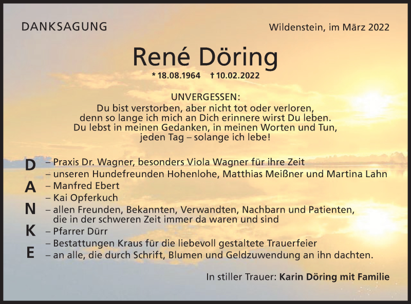  Traueranzeige für Rene Döring vom 09.03.2022 aus Hohenloher Tagblatt