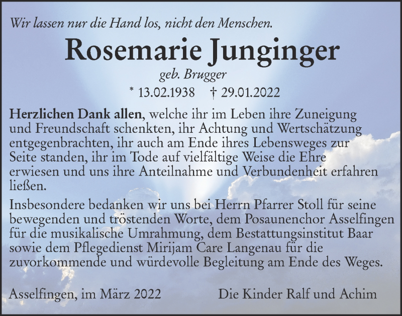  Traueranzeige für Rosemarie Junginger vom 05.03.2022 aus SÜDWEST PRESSE Ausgabe Ulm/Neu-Ulm