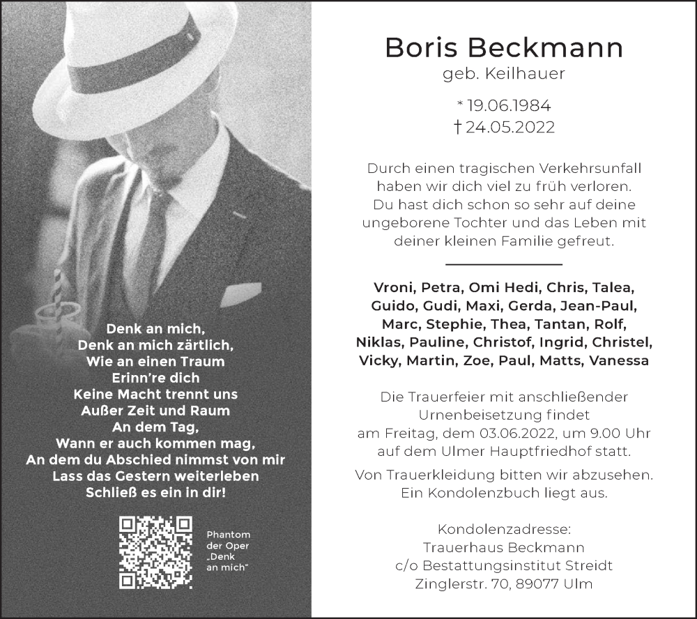  Traueranzeige für Boris Beckmann vom 28.05.2022 aus SÜDWEST PRESSE Ausgabe Ulm/Neu-Ulm
